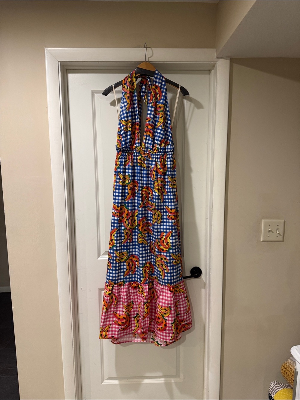 FARM Rio for Anthro Blue and Pink Gingham Halter Maxi Dress with Banana Print